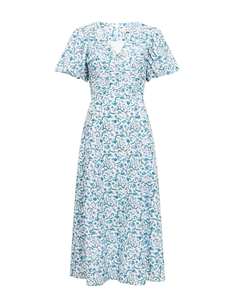 Elisa Silk Blend Midi Dress - Blue Trailing Feather Print
