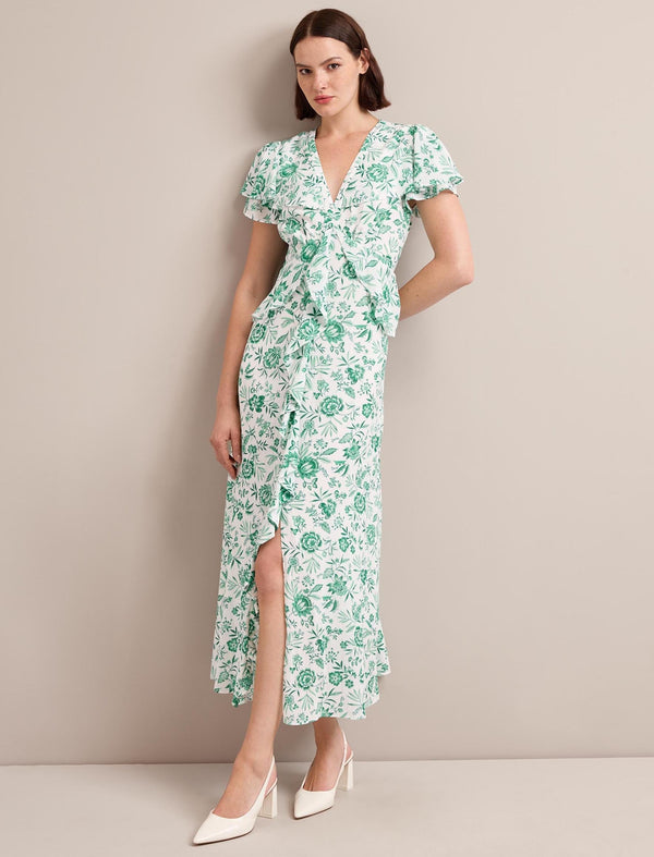 Vivienne Cotton Blend Maxi Dress - Green Palm Floral Print