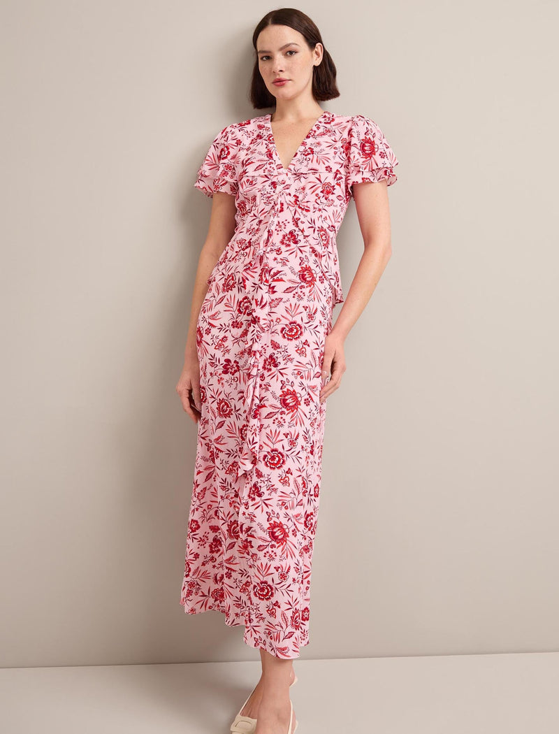 Vivienne Cotton Blend Maxi Dress - Pink Palm Floral Print