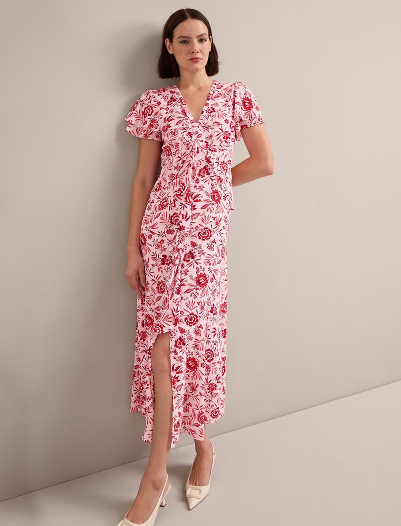 Vivienne Cotton Blend Maxi Dress - Pink Palm Floral Print