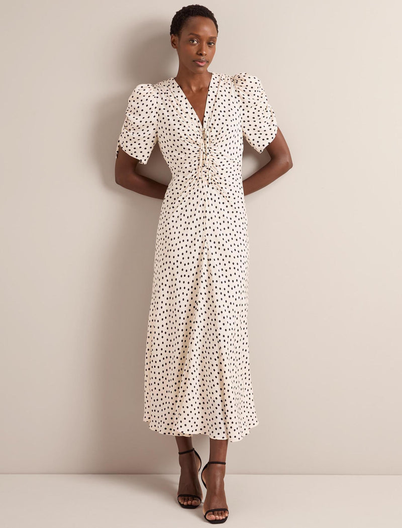 Ophelia Bias Cut Maxi Dress - Ecru Black Polka Dot Print