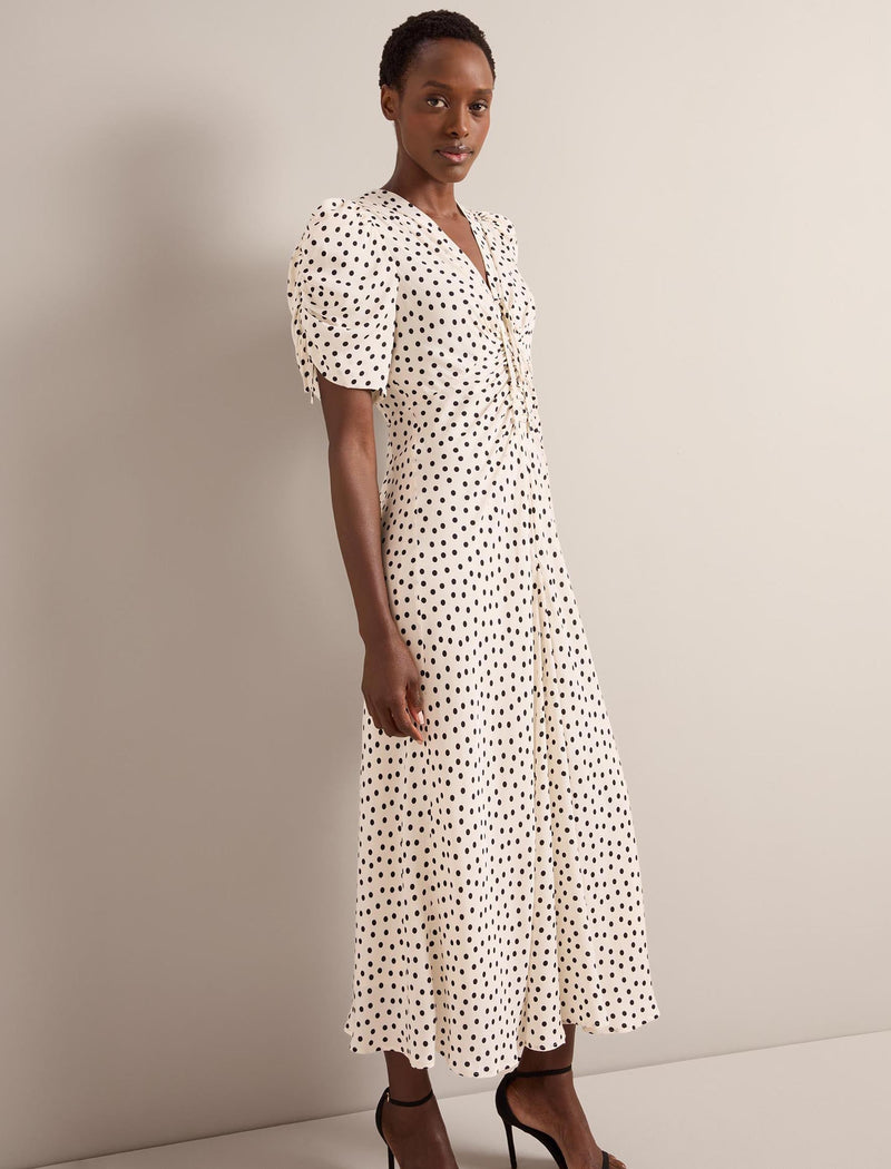 Ophelia Bias Cut Maxi Dress - Ecru Black Polka Dot Print