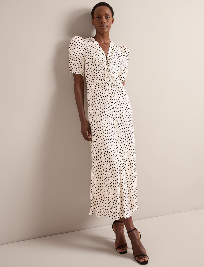 Ophelia Bias Cut Maxi Dress - Ecru Black Polka Dot Print