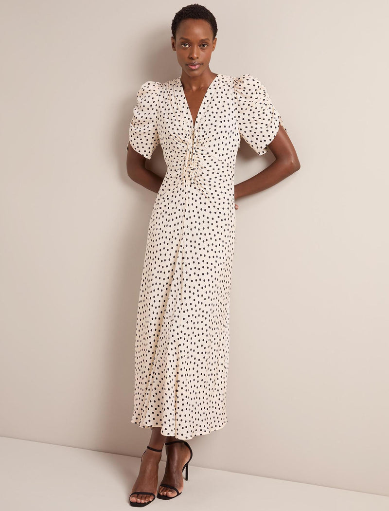 Ophelia Bias Cut Maxi Dress - Ecru Black Polka Dot Print