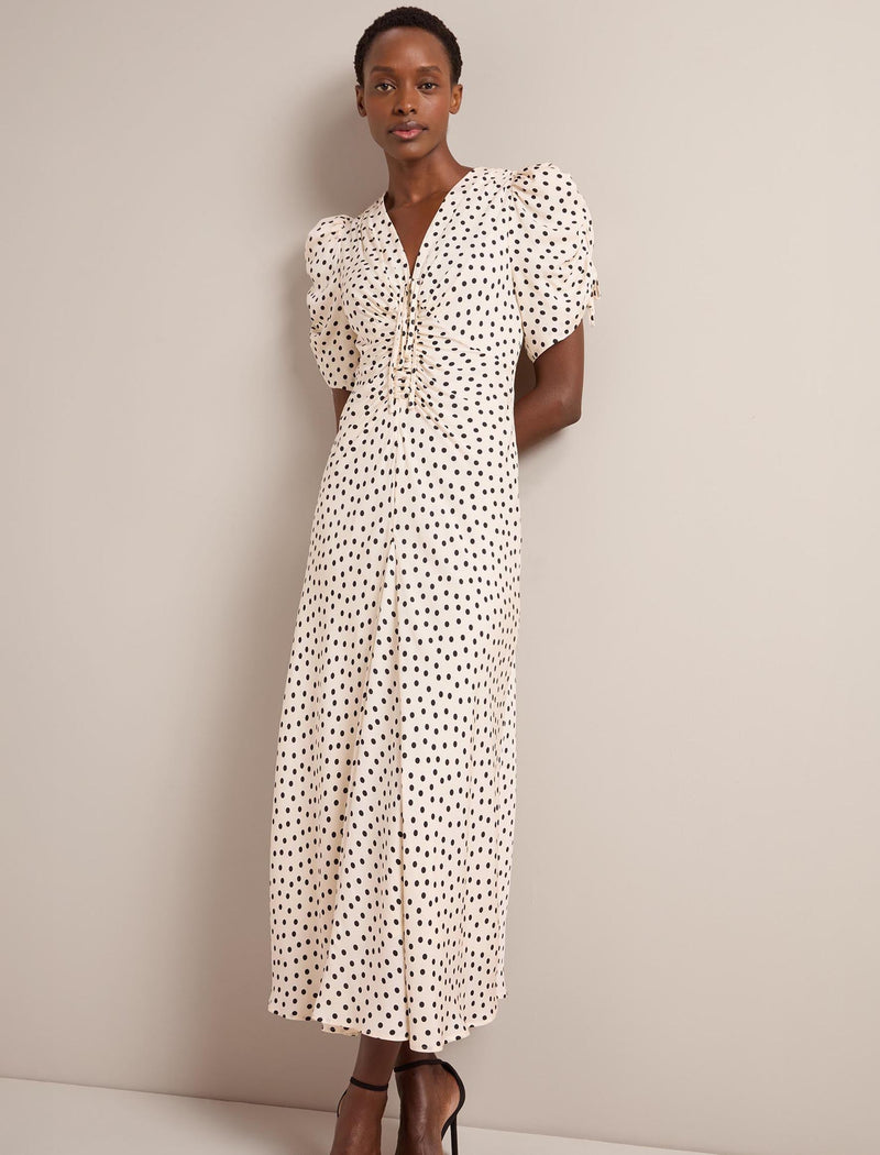 Ophelia Bias Cut Maxi Dress - Ecru Black Polka Dot Print