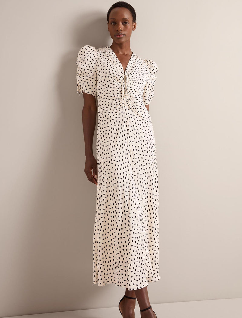 Ophelia Bias Cut Maxi Dress - Ecru Black Polka Dot Print