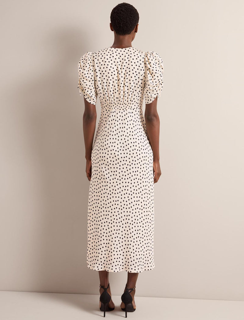 Ophelia Bias Cut Maxi Dress - Ecru Black Polka Dot Print