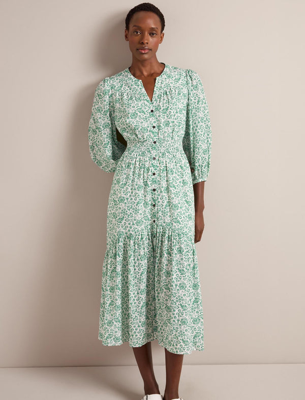 Aspen Cotton Blend Maxi Dress - Green Mono Floral Print