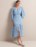 Aspen Cotton Blend Maxi Dress - White Blue Ditsy Carnation Print