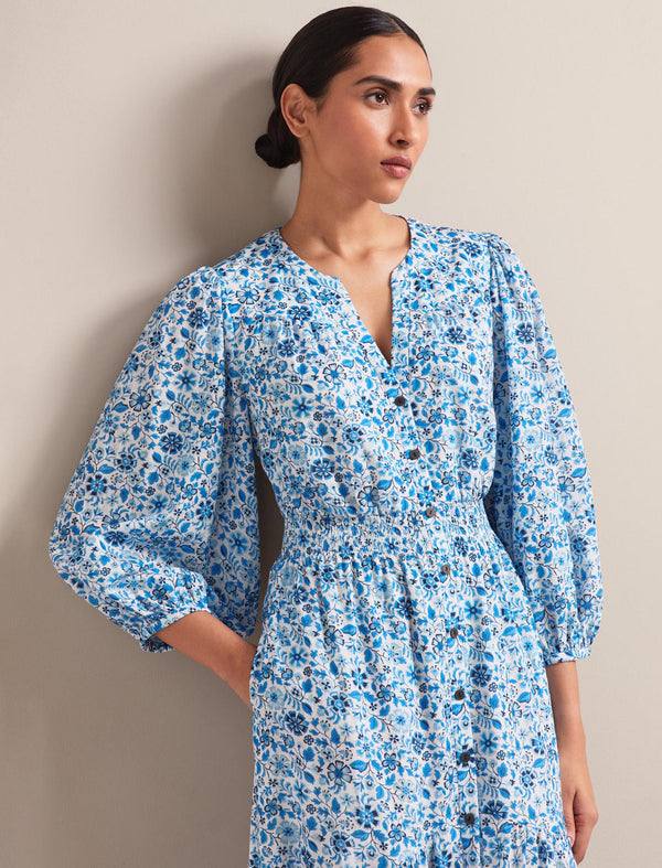 Aspen Cotton Blend Maxi Dress - White Blue Ditsy Carnation Print
