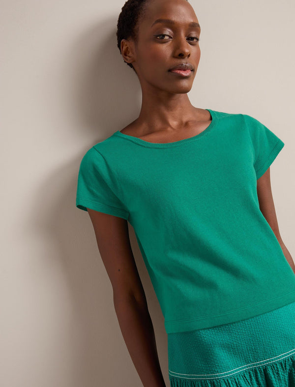 Madison Linen Blend Round Neck Knit T-Shirt - Mid Green