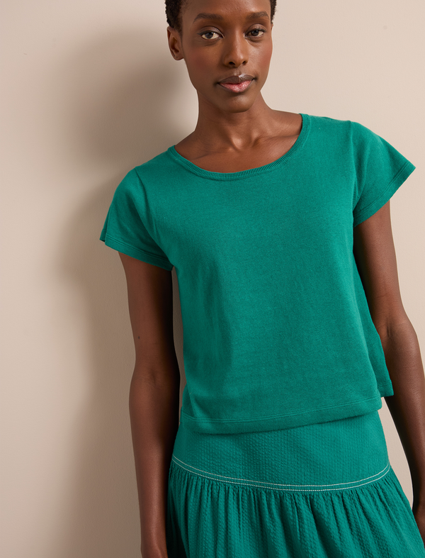 Madison Linen Blend Round Neck Knit T-Shirt - Mid Green