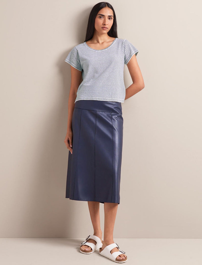 Madison Linen Blend Round Neck Knit T-Shirt - White Navy Stripe