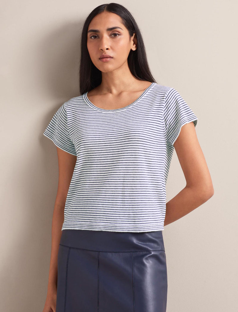 Madison Linen Blend Round Neck Knit T-Shirt - White Navy Stripe