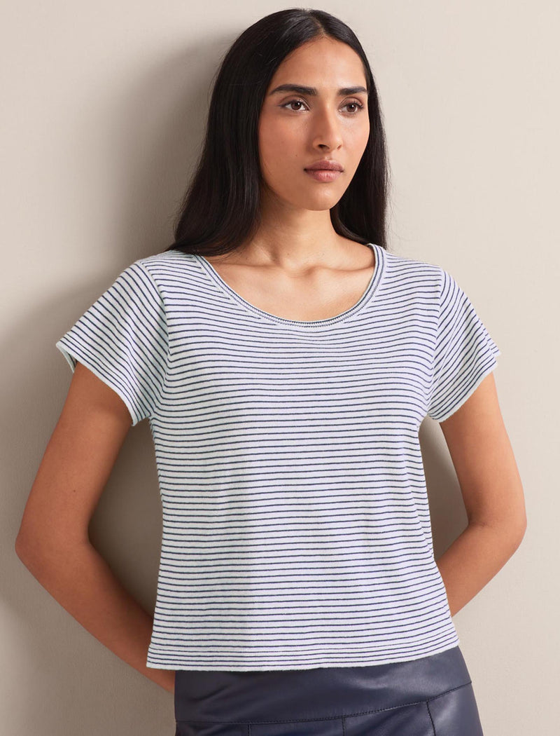 Madison Linen Blend Round Neck Knit T-Shirt - White Navy Stripe
