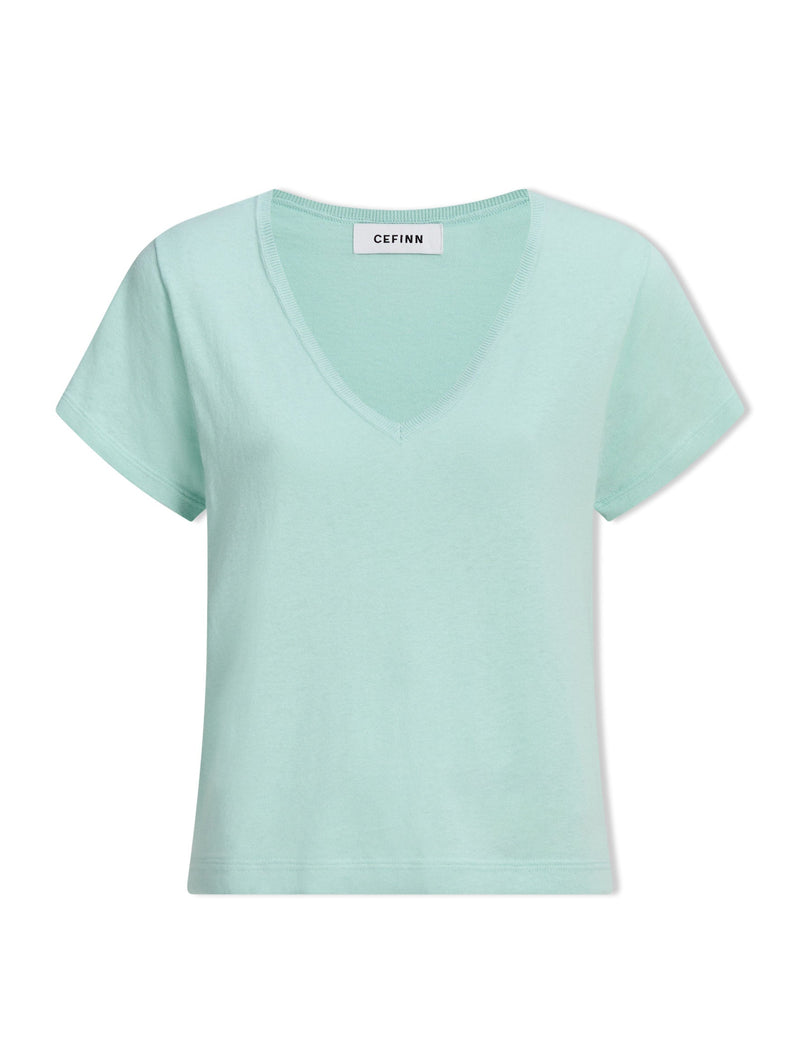 Madison Linen Blend V Neck Knit T-Shirt - Mint