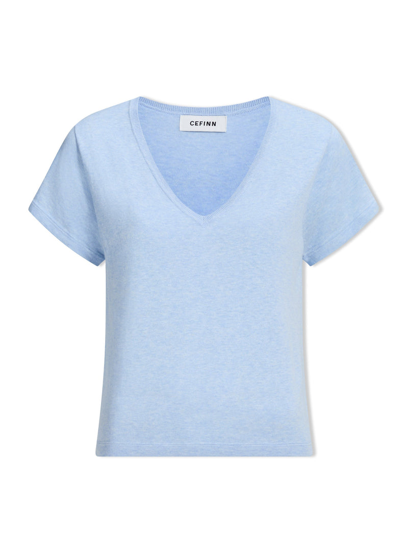 Madison Linen Blend V Neck Knit T-Shirt - Pale Blue