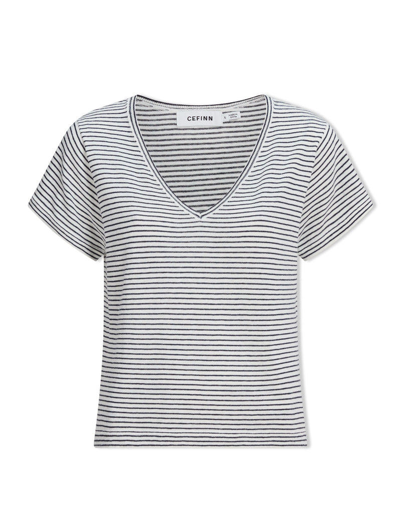 Madison Linen Blend V Neck Knit T-Shirt - White Navy Stripe