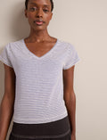 Madison Linen Blend V Neck Knit T-Shirt - White Navy Stripe