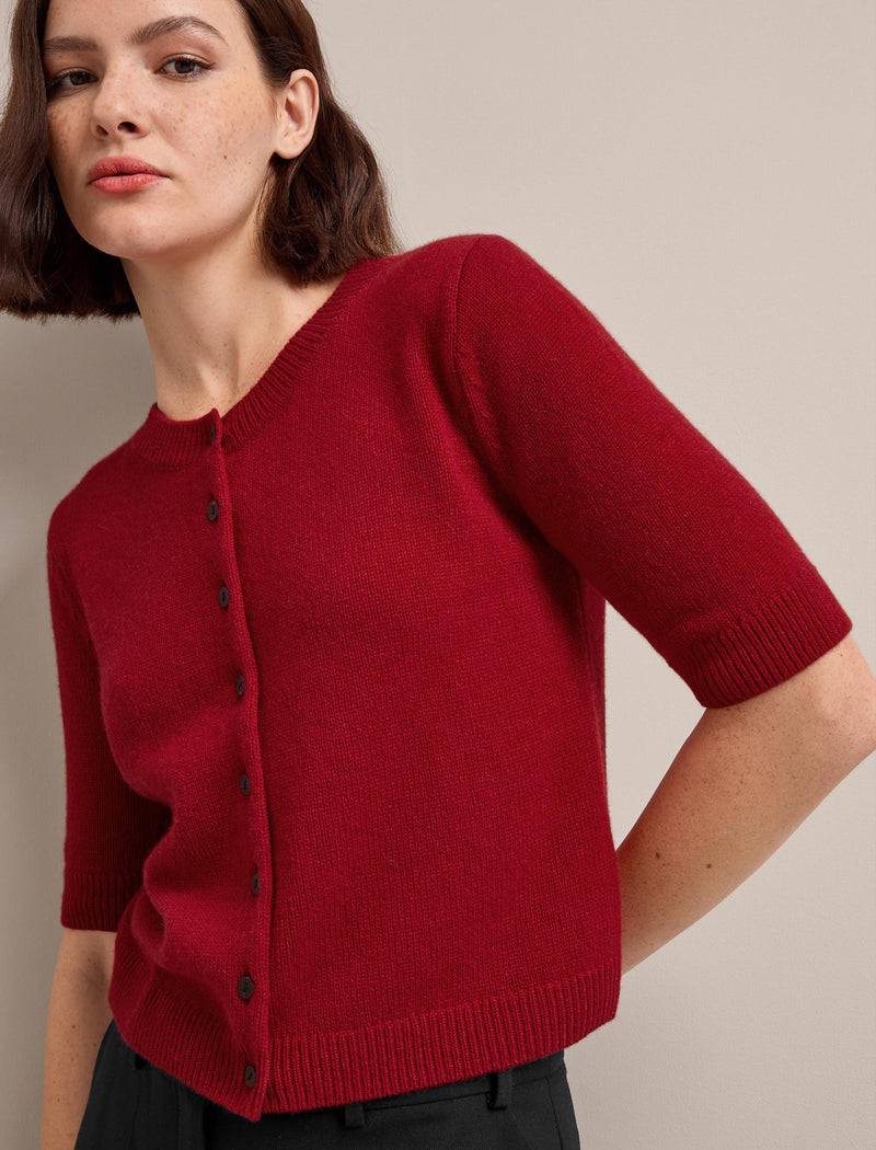 Clara Cashmere Short Sleeve Cardigan - Dark Red