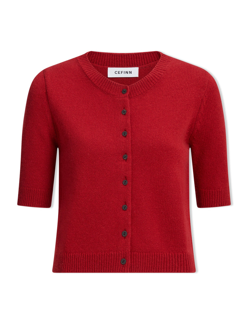 Clara Cashmere Short Sleeve Cardigan - Dark Red