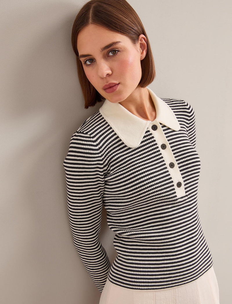 Wilma Cotton Blend Collared Jumper - Ivory Black Stripe