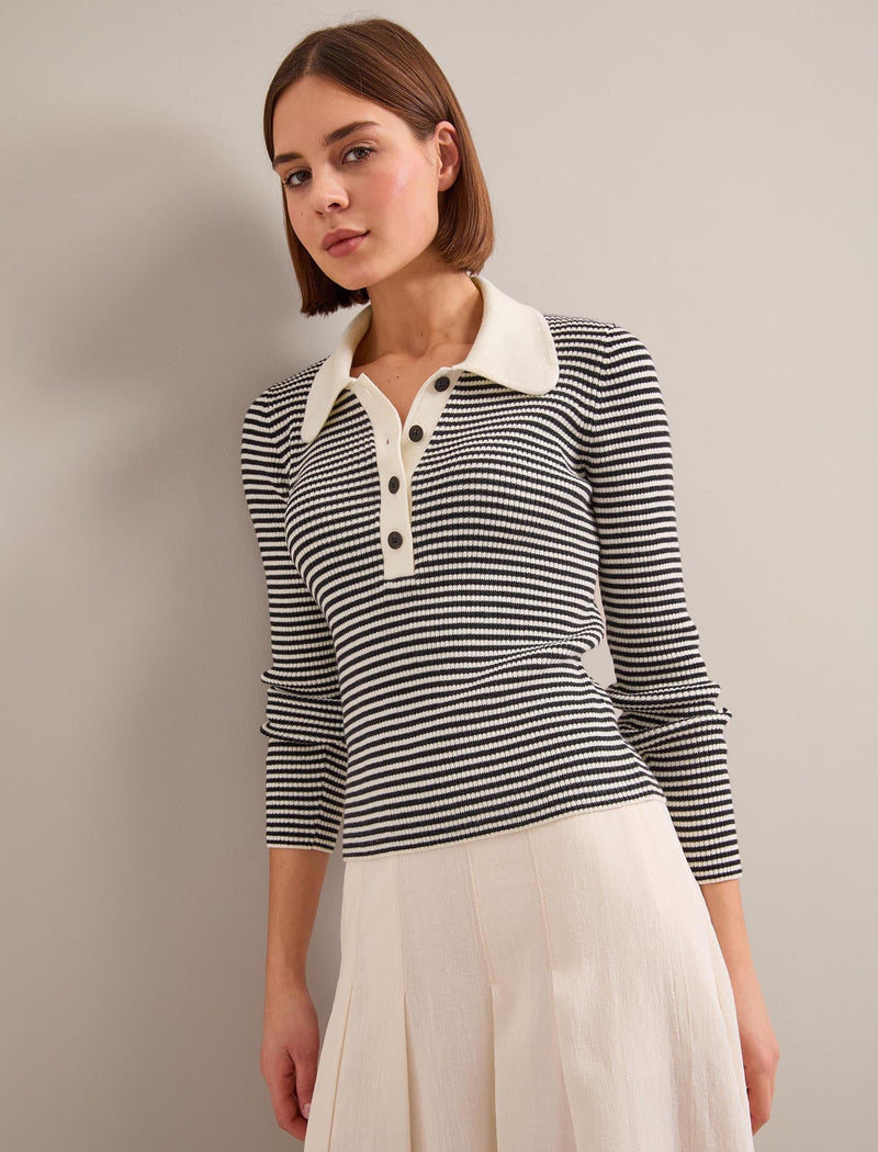 Wilma Cotton Blend Collared Jumper - Ivory Black Stripe