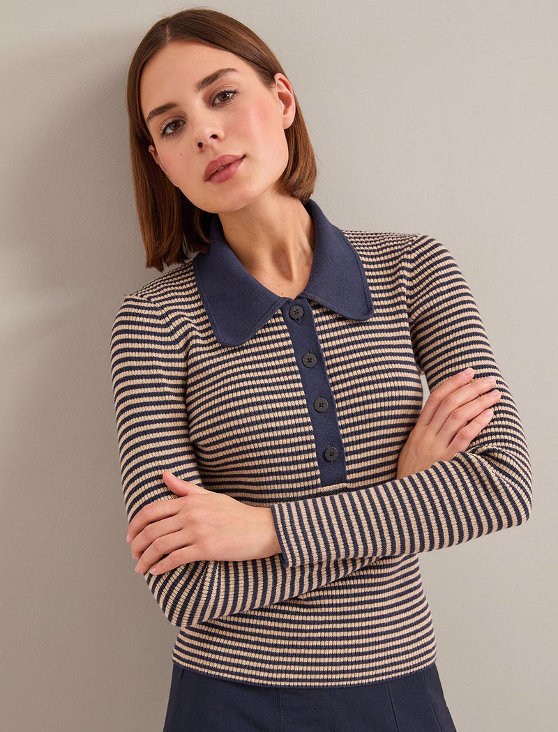 Wilma Cotton Blend Collared Jumper - Navy Beige Stripe