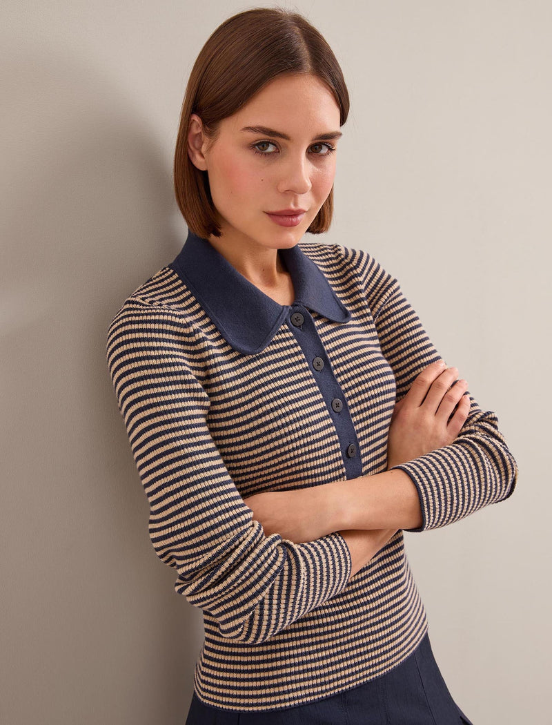 Wilma Cotton Blend Collared Jumper - Navy Beige Stripe