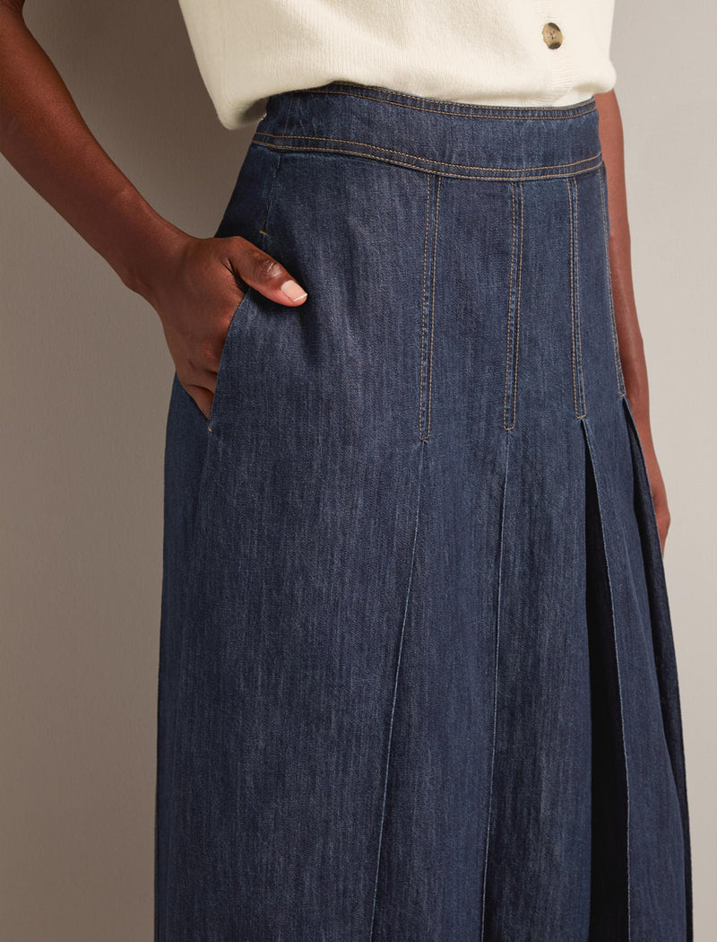 Sophia Denim Pleated Maxi Skirt - Dark Blue