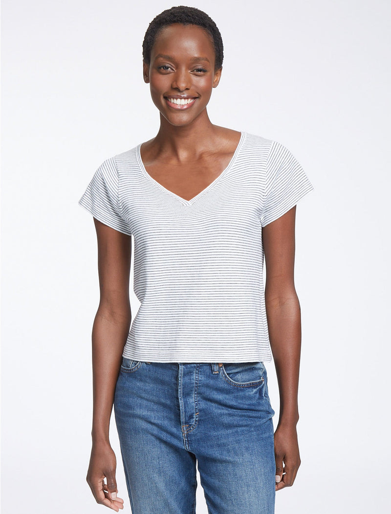 Madison Cotton Silk Blend V Neck T-Shirt - White Navy Stripe