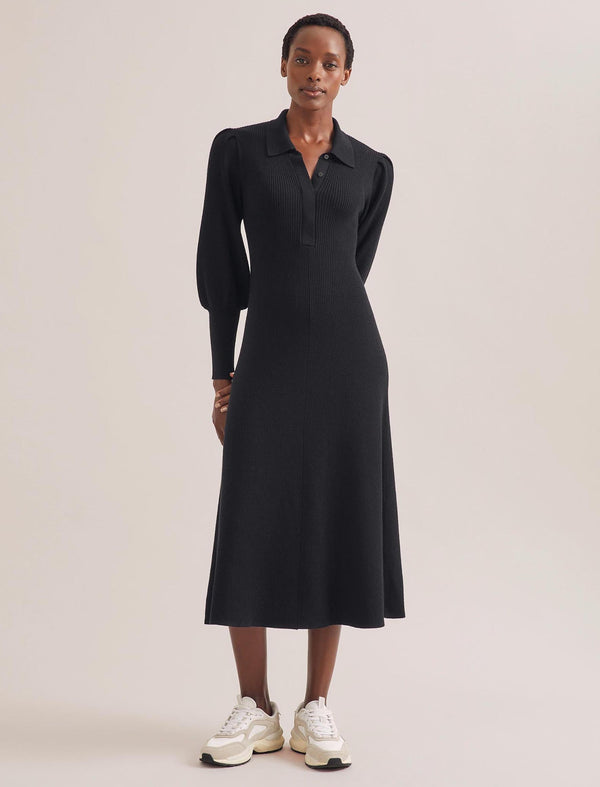 Eva Merino Wool Collared Knit Maxi Dress - Black