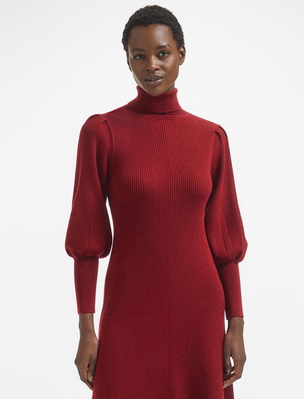 Eva Merino Wool Roll Neck Dress - Dark Red