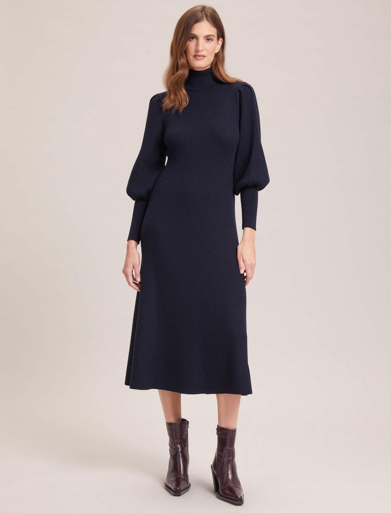 Eva Merino Wool Roll Neck Dress - Navy