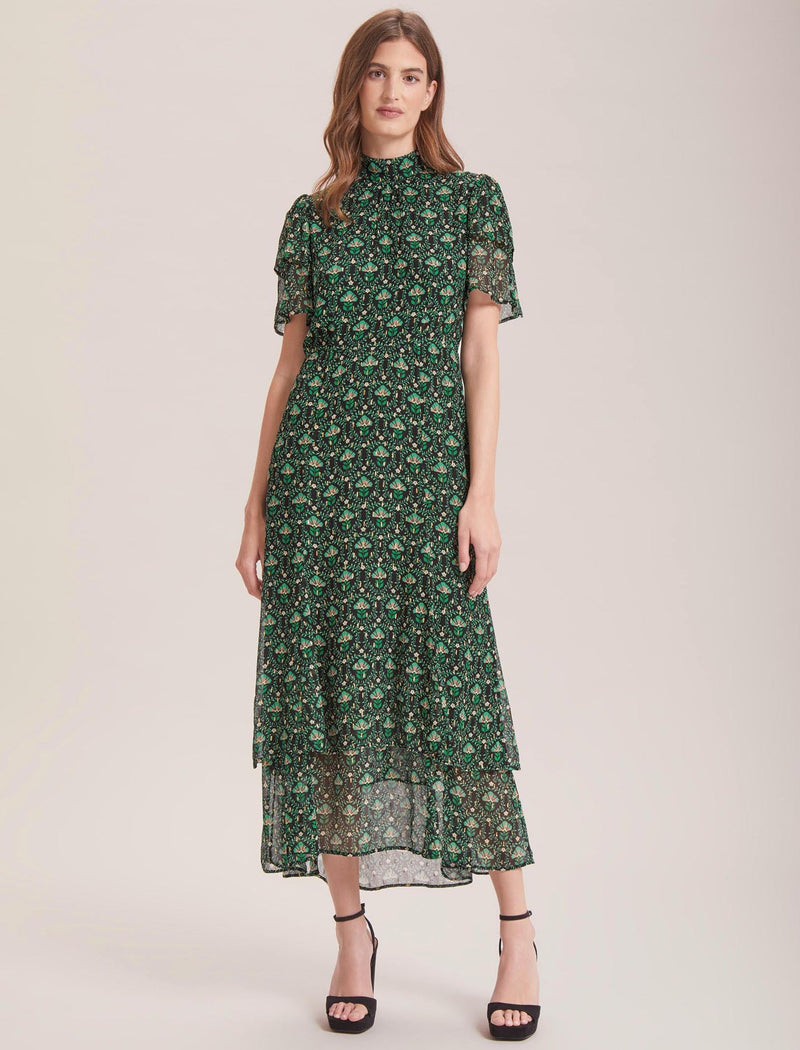 Aurelie Lurex Funnel Neck Maxi Dress - Green Carnation Print