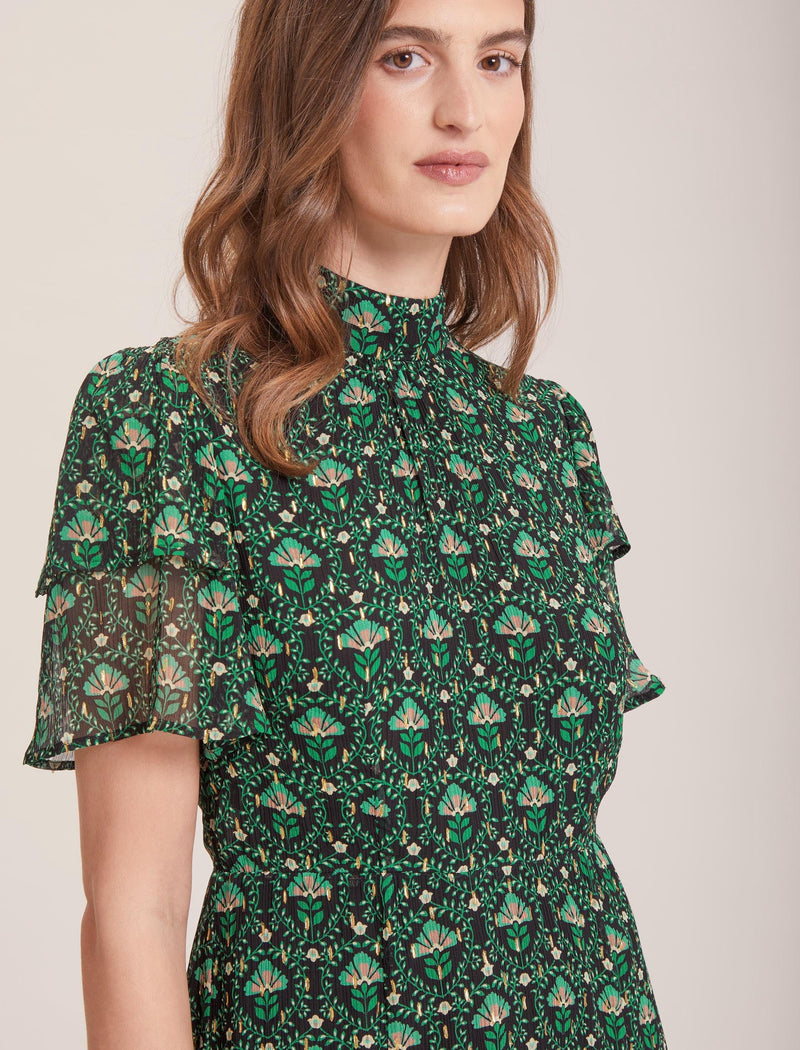 Aurelie Lurex Funnel Neck Maxi Dress - Green Carnation Print