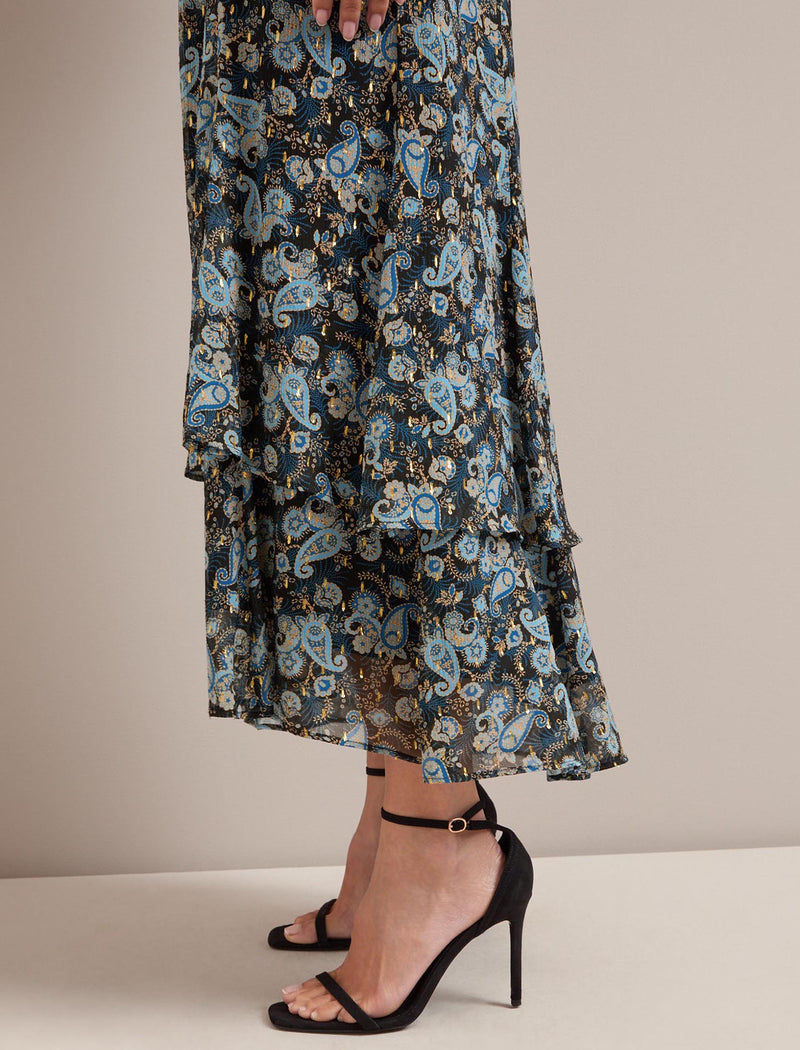 Aurelie Lurex Fil Coupé Maxi Dress - Navy Paisley Print