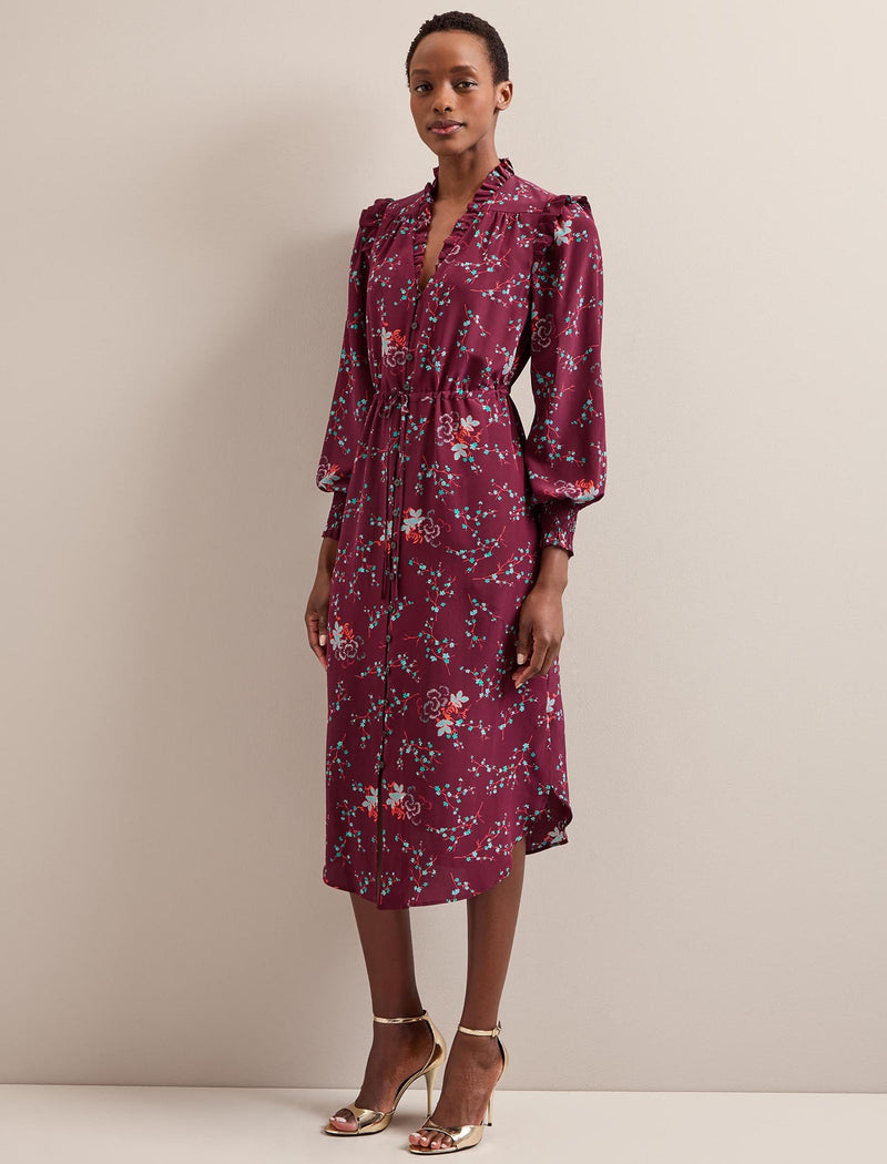 Stella Silk Midi Dress - Burgundy Lotus Print