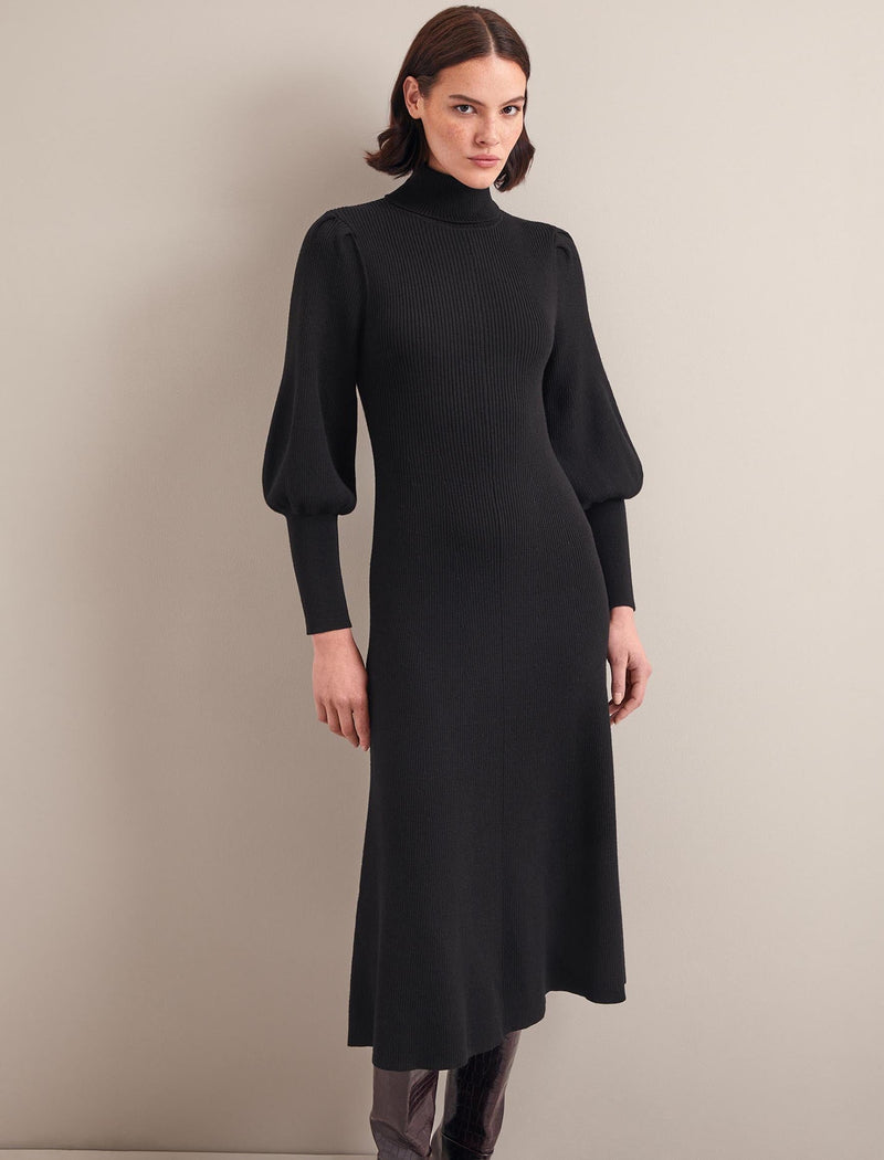 Eva Merino Wool Roll Neck Dress - Black