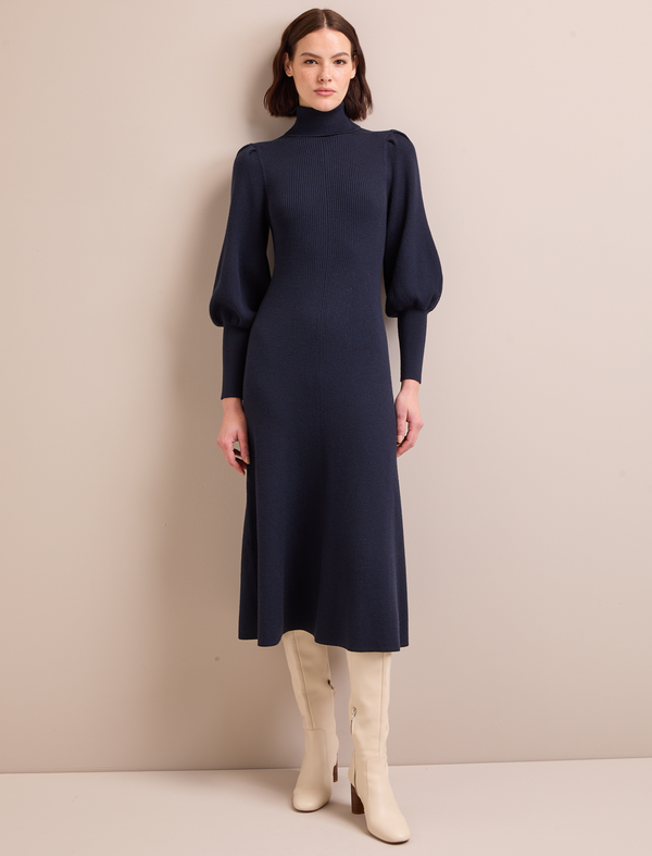 Eva Merino Wool Roll Neck Dress - Navy