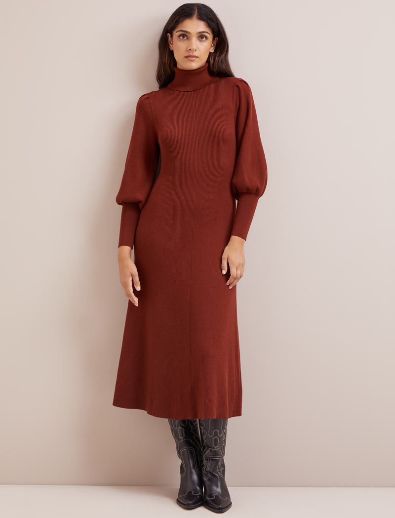 Eva Merino Wool Roll Neck Dress - Rust