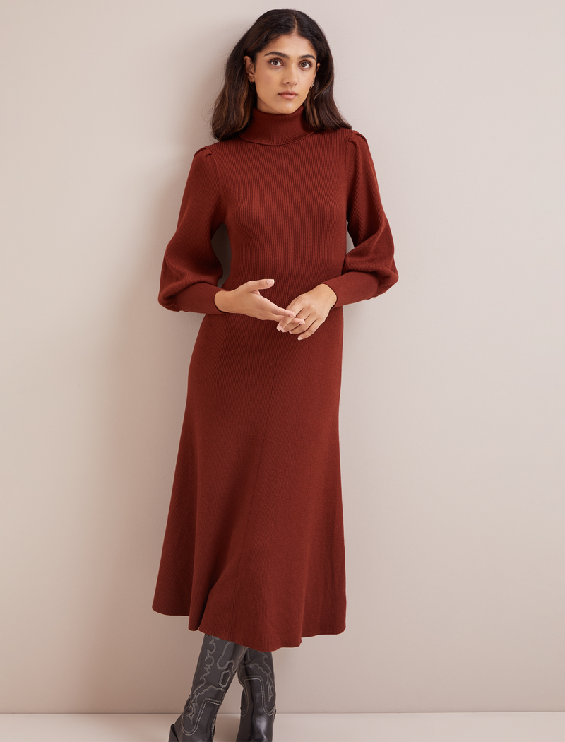 Eva Merino Wool Roll Neck Dress - Rust