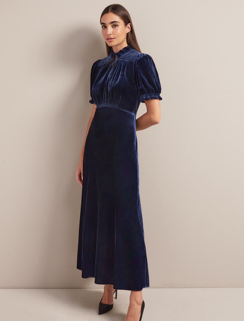 Irina Bias Cut Velvet Maxi Dress - Navy