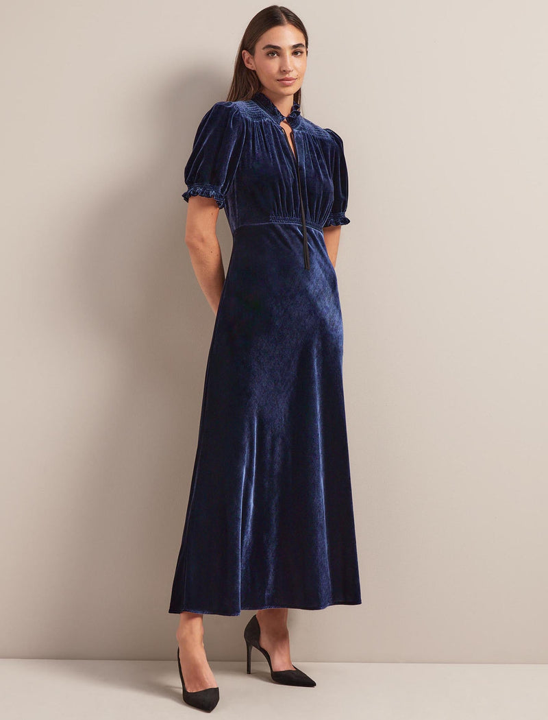 Irina Bias Cut Velvet Maxi Dress - Navy