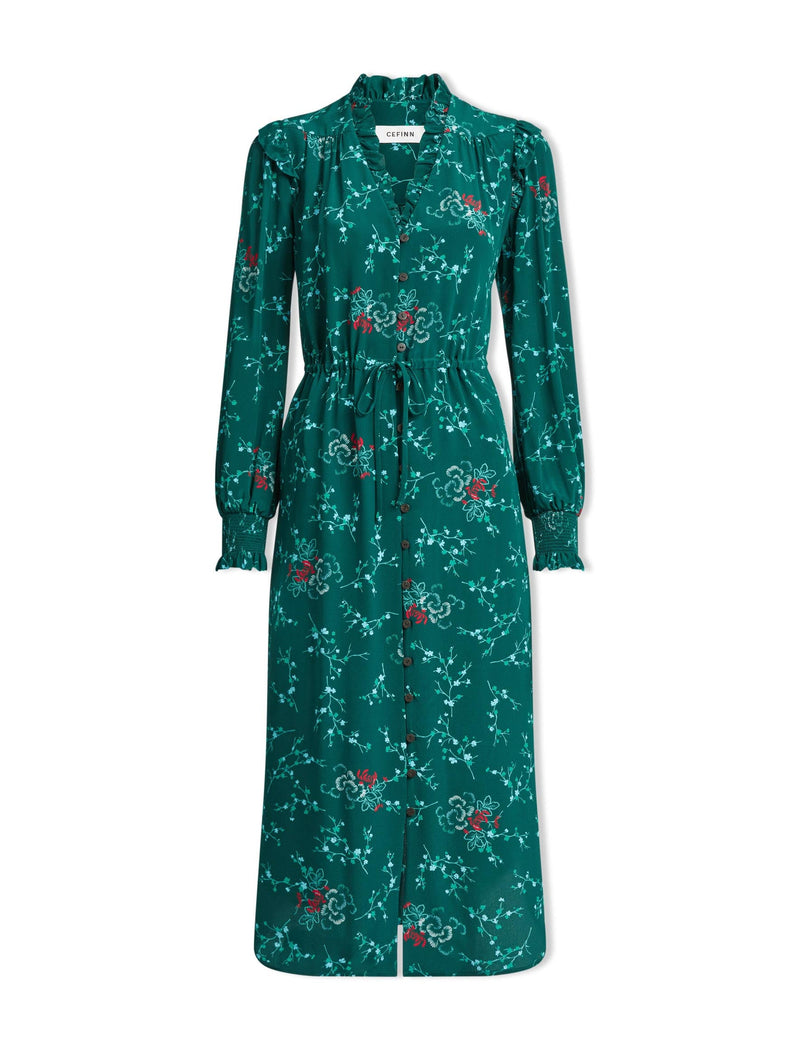 Stella Silk Midi Dress - Green Lotus Print