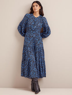 Marianne Cotton Maxi Dress - Blue Trailing Bramble Print