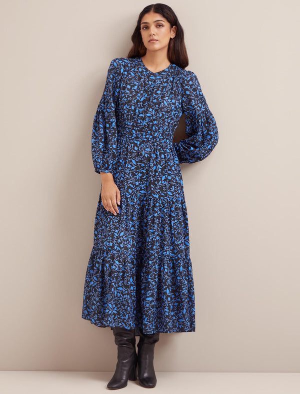 Marianne Cotton Maxi Dress - Blue Trailing Bramble Print