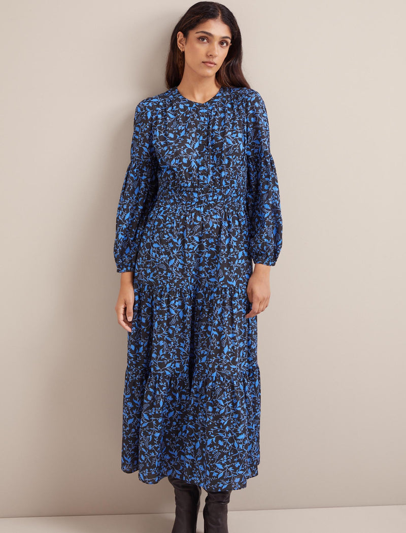 Marianne Cotton Maxi Dress - Blue Trailing Bramble Print