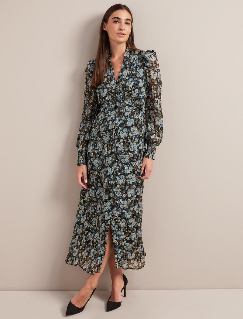 Liliana Lurex Fil Coupé Maxi Dress - Navy Paisley Print