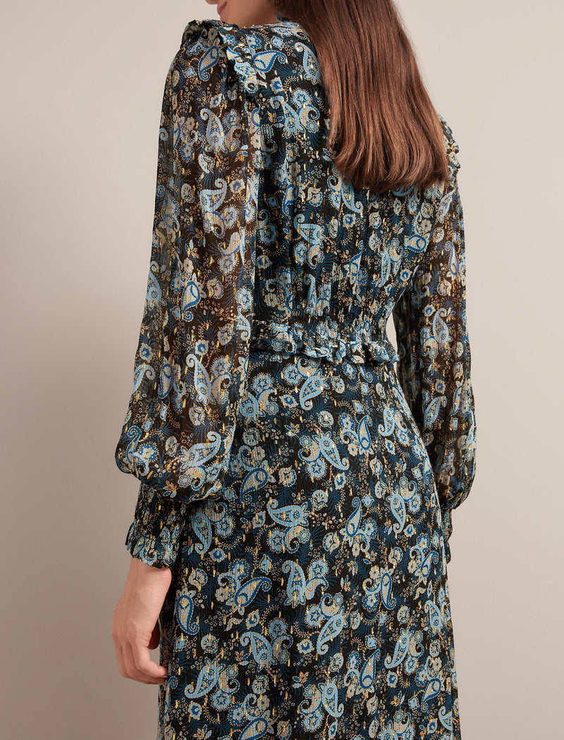 Liliana Lurex Fil Coupé Maxi Dress - Navy Paisley Print